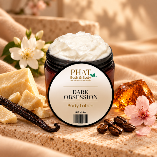 Open jar of Phat Bath & Body Dark Obsession Body Lotion with creamy white lotion styled in a warm amber and vanilla-inspired setting.