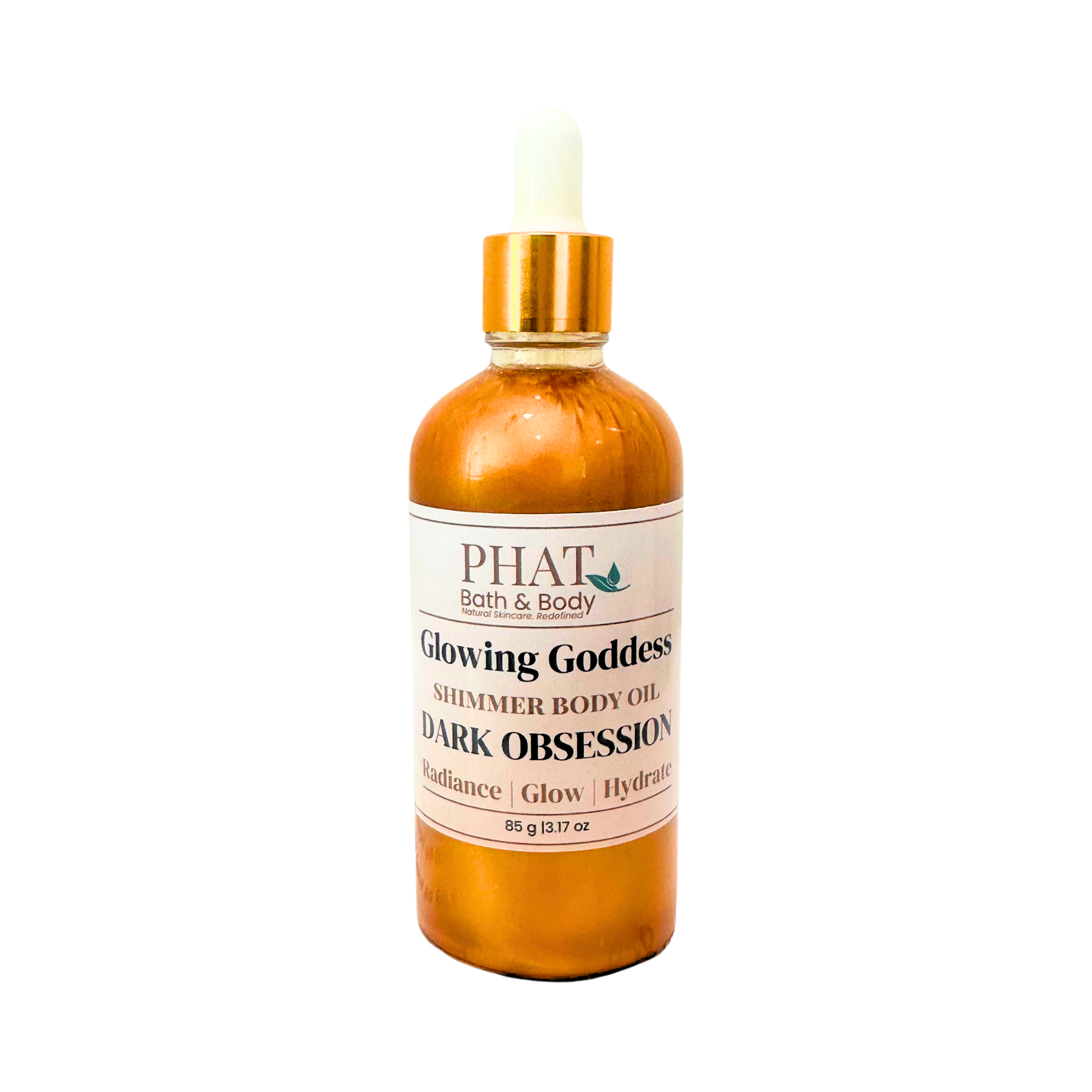 Bottle of 'Glowing Goddess' shimmer body oil by Phat Bath & Body on a white background