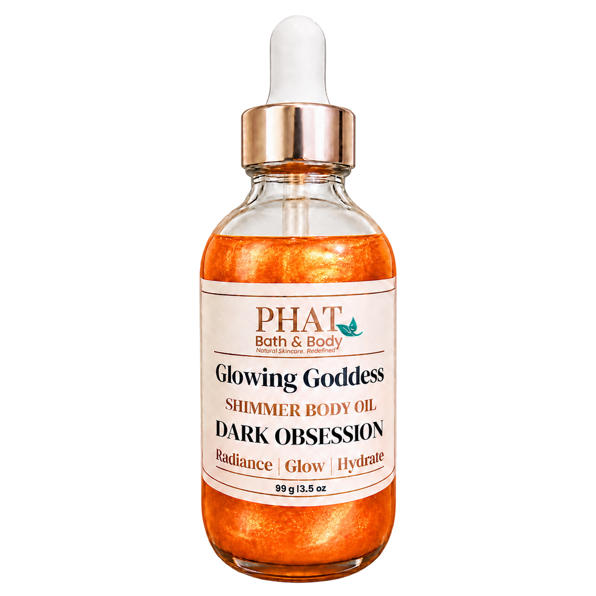 Phat Bath & Body Glowing Goddess Shimmer Body Oil in Dark Obsession, 3.5 oz glass dropper bottle with radiant golden shimmer oil.