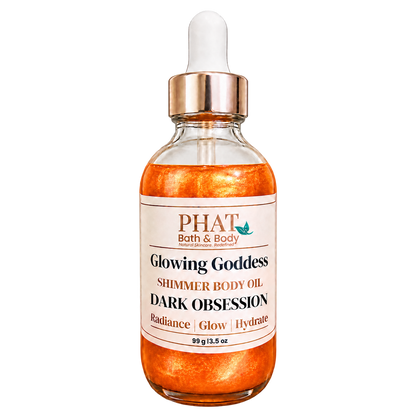 Phat Bath & Body Glowing Goddess Shimmer Body Oil in Dark Obsession, 3.5 oz glass dropper bottle with radiant golden shimmer oil.