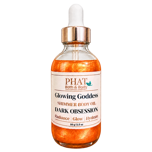 Phat Bath & Body Glowing Goddess Shimmer Body Oil in Dark Obsession, 3.5 oz glass dropper bottle with radiant golden shimmer oil.