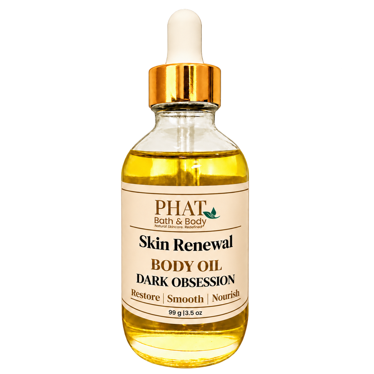 Phat Bath & Body Dark Obsession Skin Renewal Body Oil, 3.5 oz golden body oil in a clear glass dropper bottle with a gold cap and cream label.