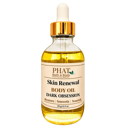 Phat Bath & Body Dark Obsession Skin Renewal Body Oil, 3.5 oz golden body oil in a clear glass dropper bottle with a gold cap and cream label.