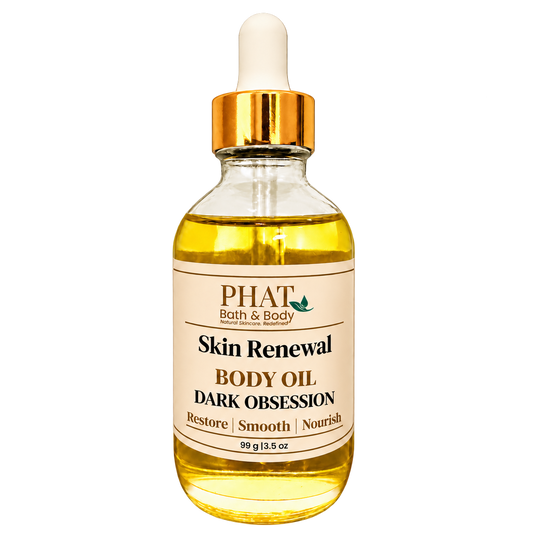 Phat Bath & Body Dark Obsession Skin Renewal Body Oil, 3.5 oz golden body oil in a clear glass dropper bottle with a gold cap and cream label.