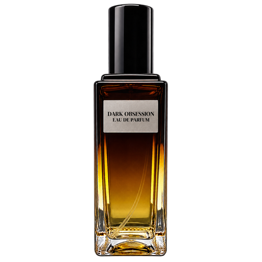 Dark Obsession women's Eau de Parfum by Phat Bath & Body, a 30 mL signature perfume in a tall amber-toned glass spray bottle with a black cap and tan label.