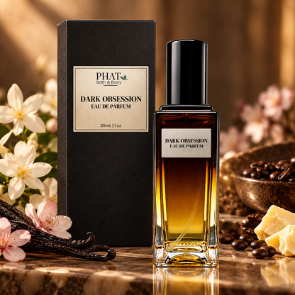 Dark Obsession women's gourmand floral perfume displayed with creamy vanilla, cocoa, jasmine, and cherry blossom accents, highlighting its rich, sensual fragrance character.