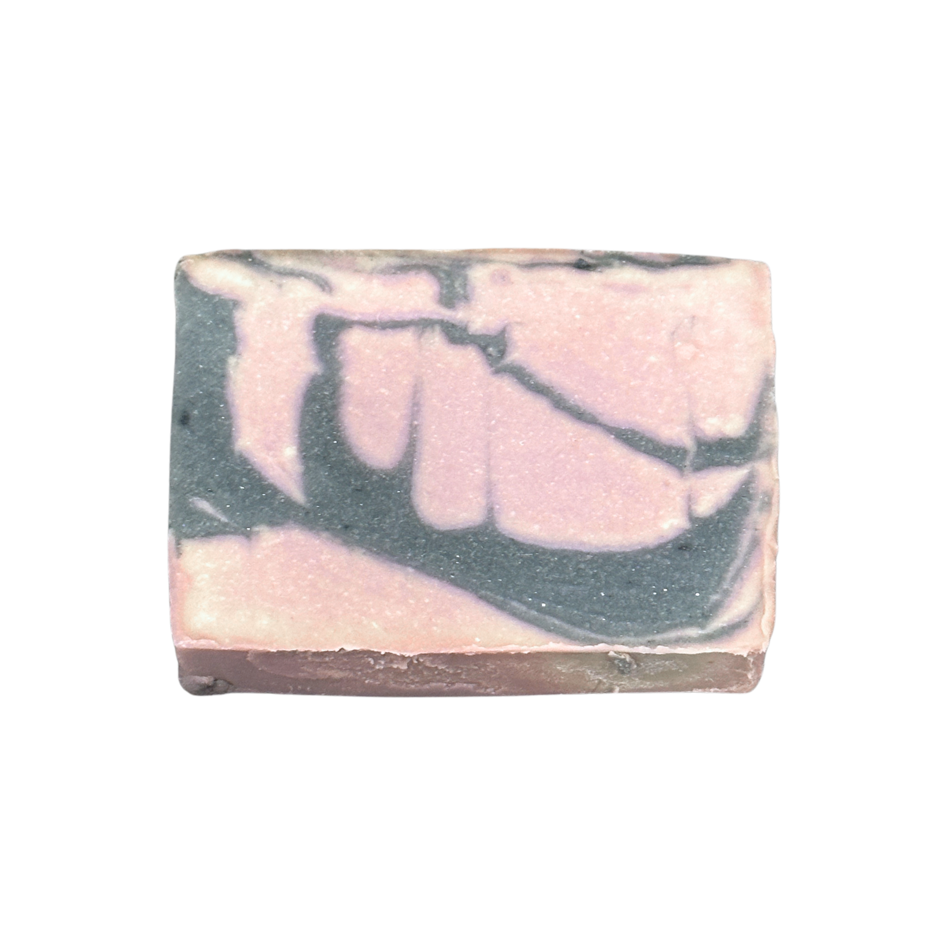 Bar of soap with pink and gray marbled pattern on a white background