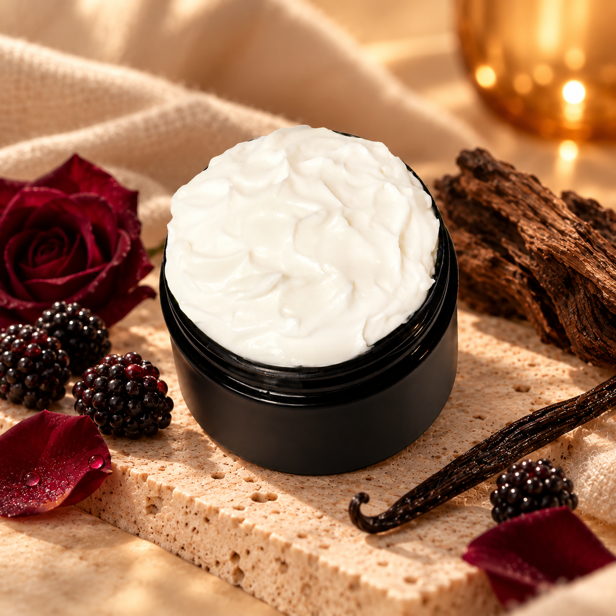 Open jar of Phat Bath & Body Dark Patchouli Body Lotion with creamy white lotion styled with black raspberry, rose, vanilla, patchouli, and warm earthy accents.
