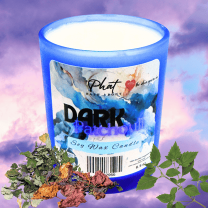 Scented candle labeled 'Dark Patchouli' with decorative elements on a colorful background