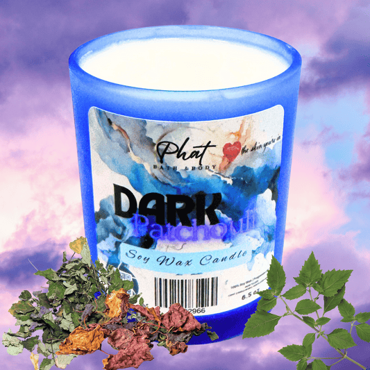Scented candle labeled 'Dark Patchouli' with decorative elements on a colorful background