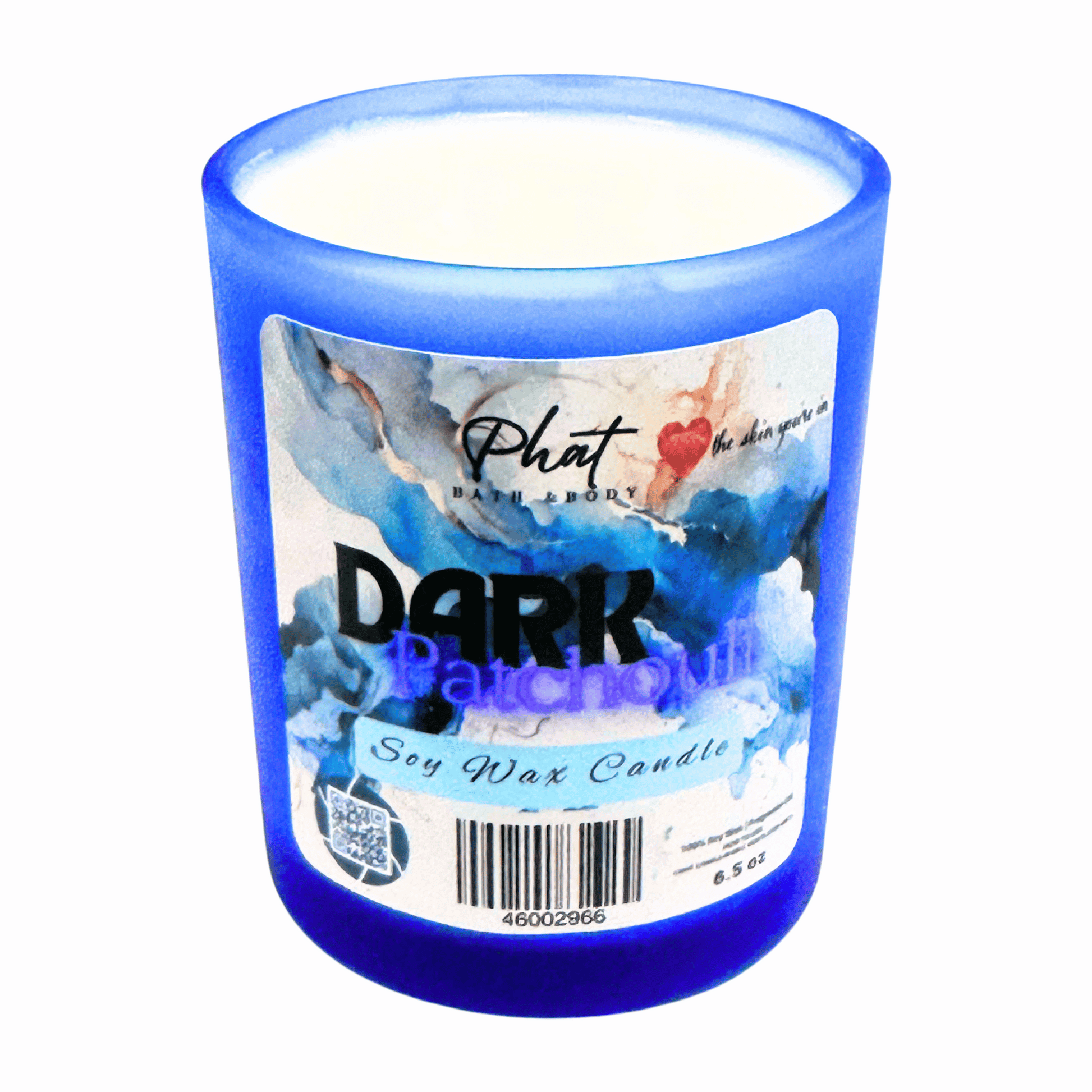 Blue candle with a label on a white background