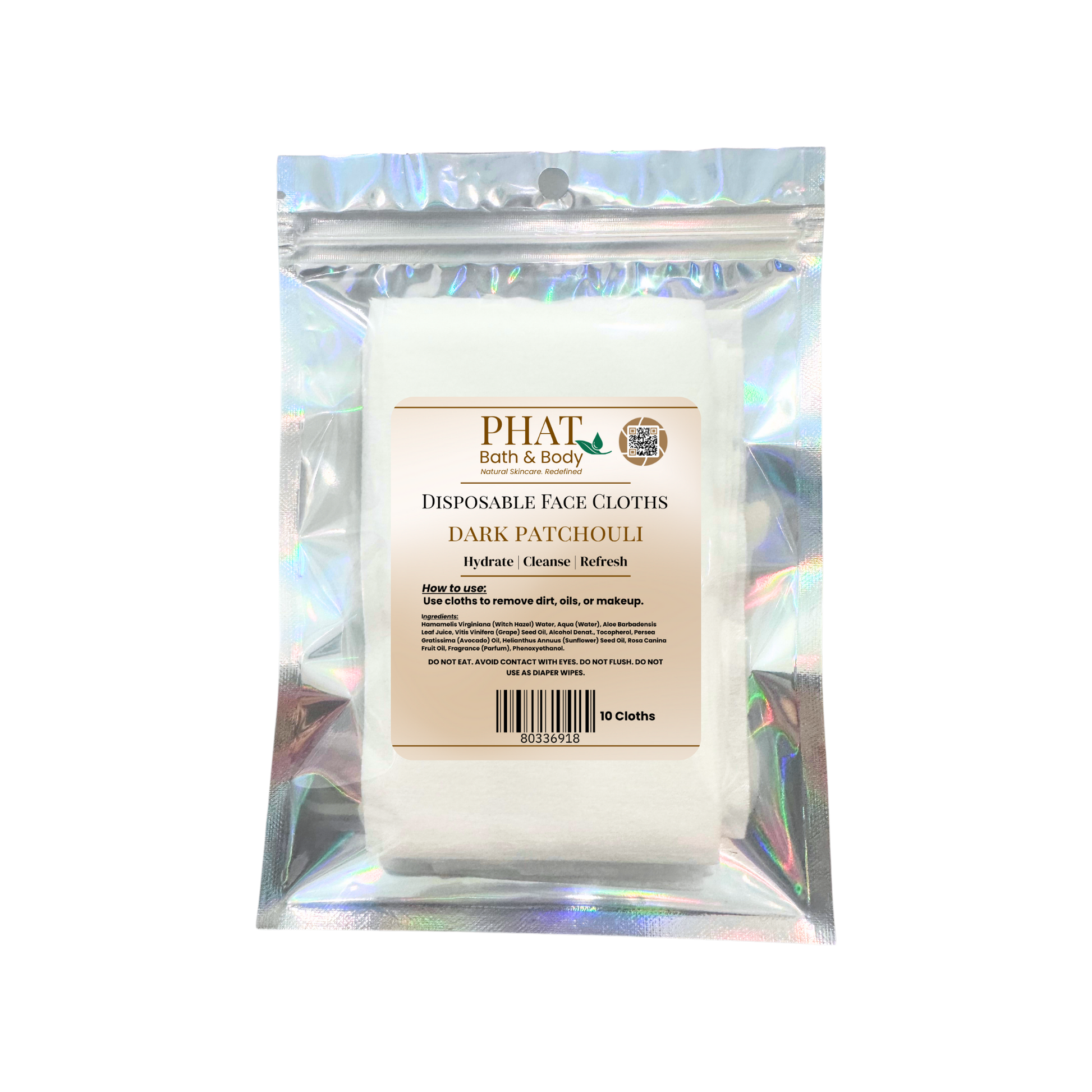 Pack of disposable face cloths with 'Phat Bath & Body' branding on a white background