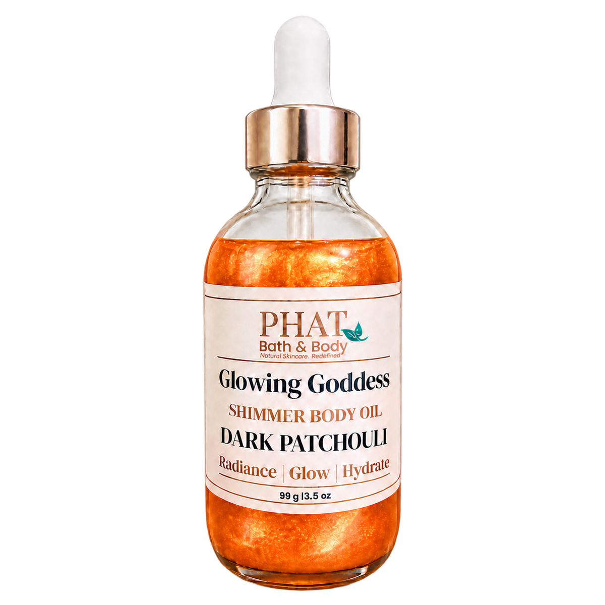Phat Bath & Body Glowing Goddess Shimmer Body Oil in Dark Patchouli, 3.5 oz glass dropper bottle with orange-gold shimmer.