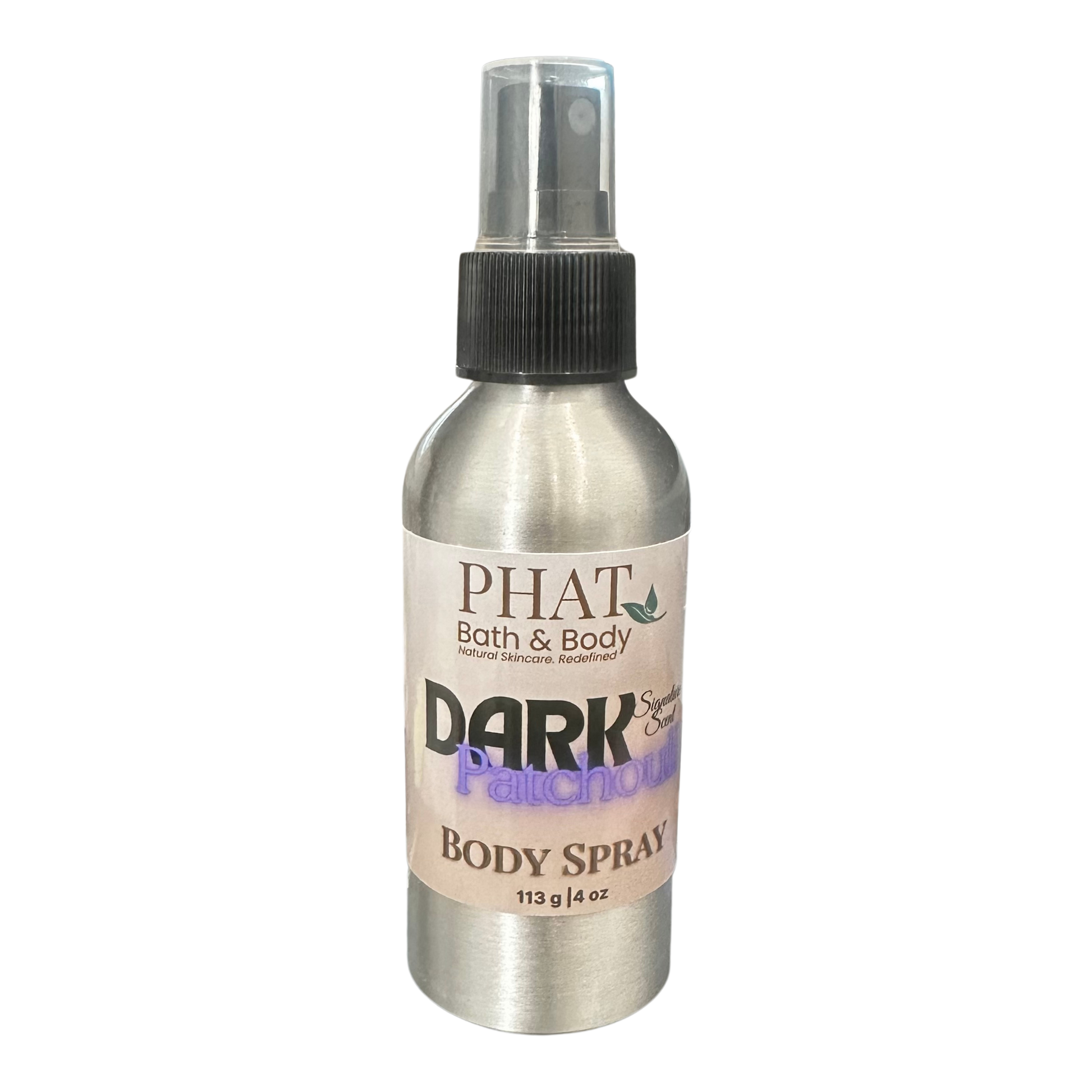 Body spray bottle labeled 'Dark Patchouli' by Phat Bath & Body on a white background