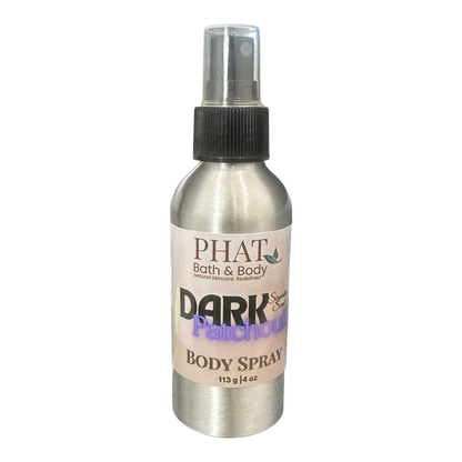 Body spray bottle labeled 'Dark Patchouli' by Phat Bath & Body on a white background