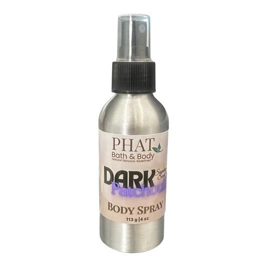 Body spray bottle labeled 'Dark Patchouli' by Phat Bath & Body on a white background
