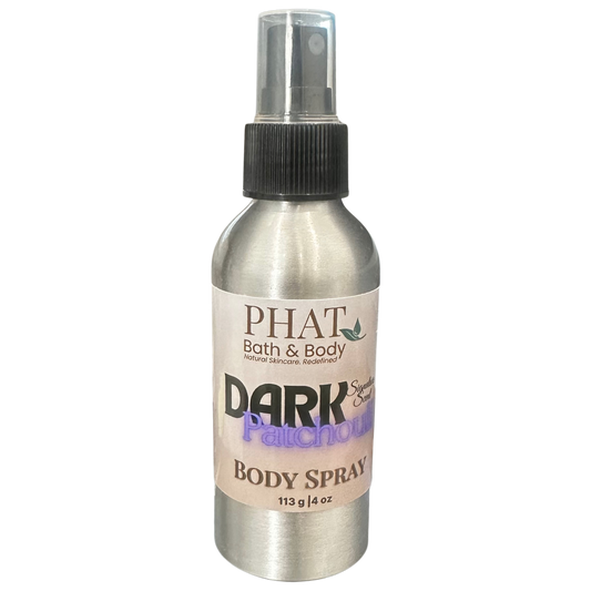 Body spray bottle labeled 'PHAT Bath & Body Dark Patchouli' on a white background