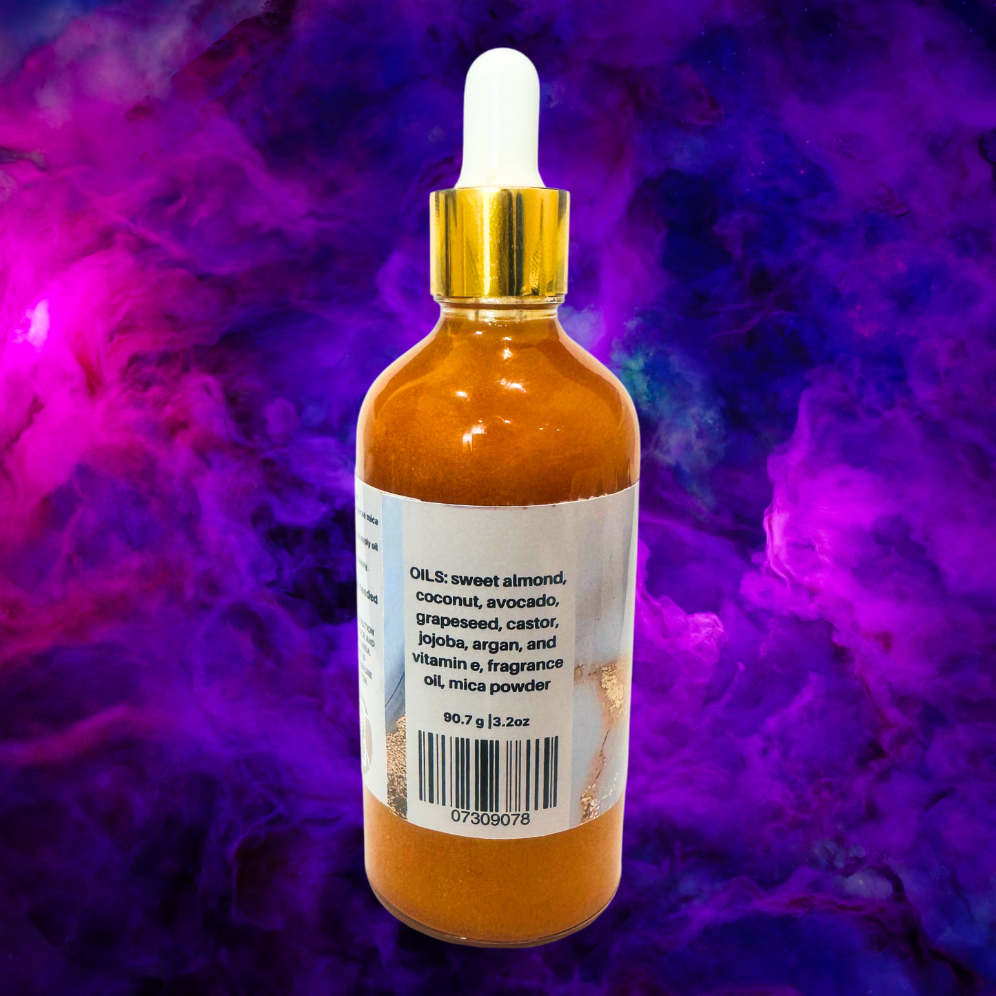 Bottle with dropper on a purple and pink smoke background