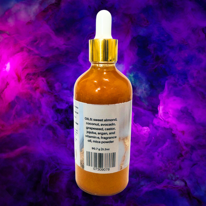Bottle with dropper on a purple and pink smoke background