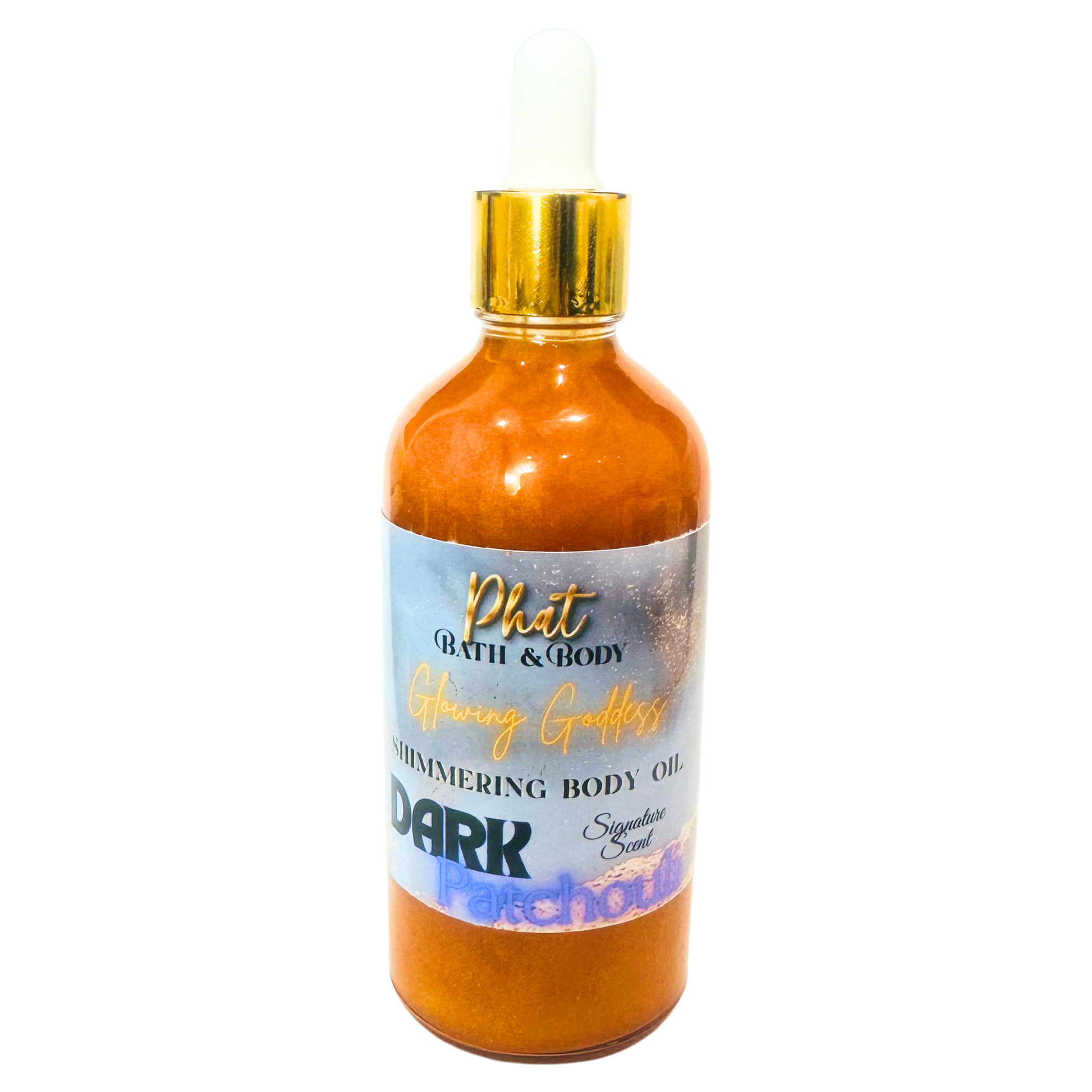Bottle of Phat Bath & Body shimmering body oil on a white background