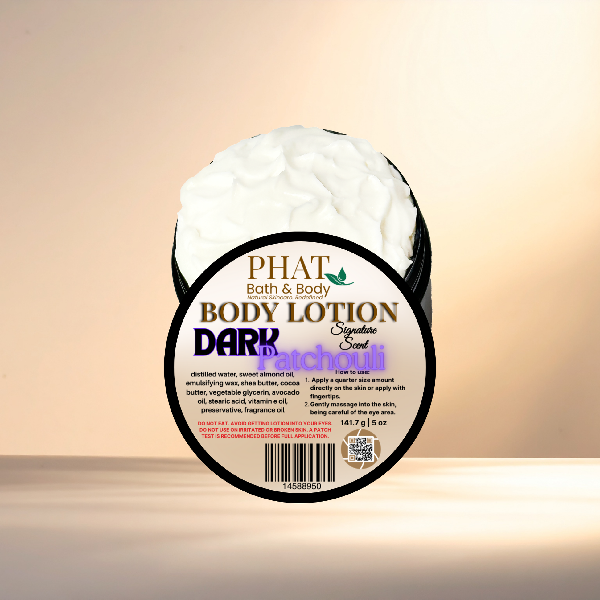 Body lotion container with 'Phat Bath & Body' branding on a gradient background