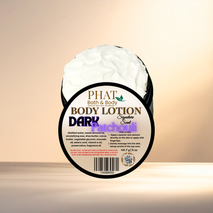 Body lotion container with 'Phat Bath & Body' branding on a gradient background