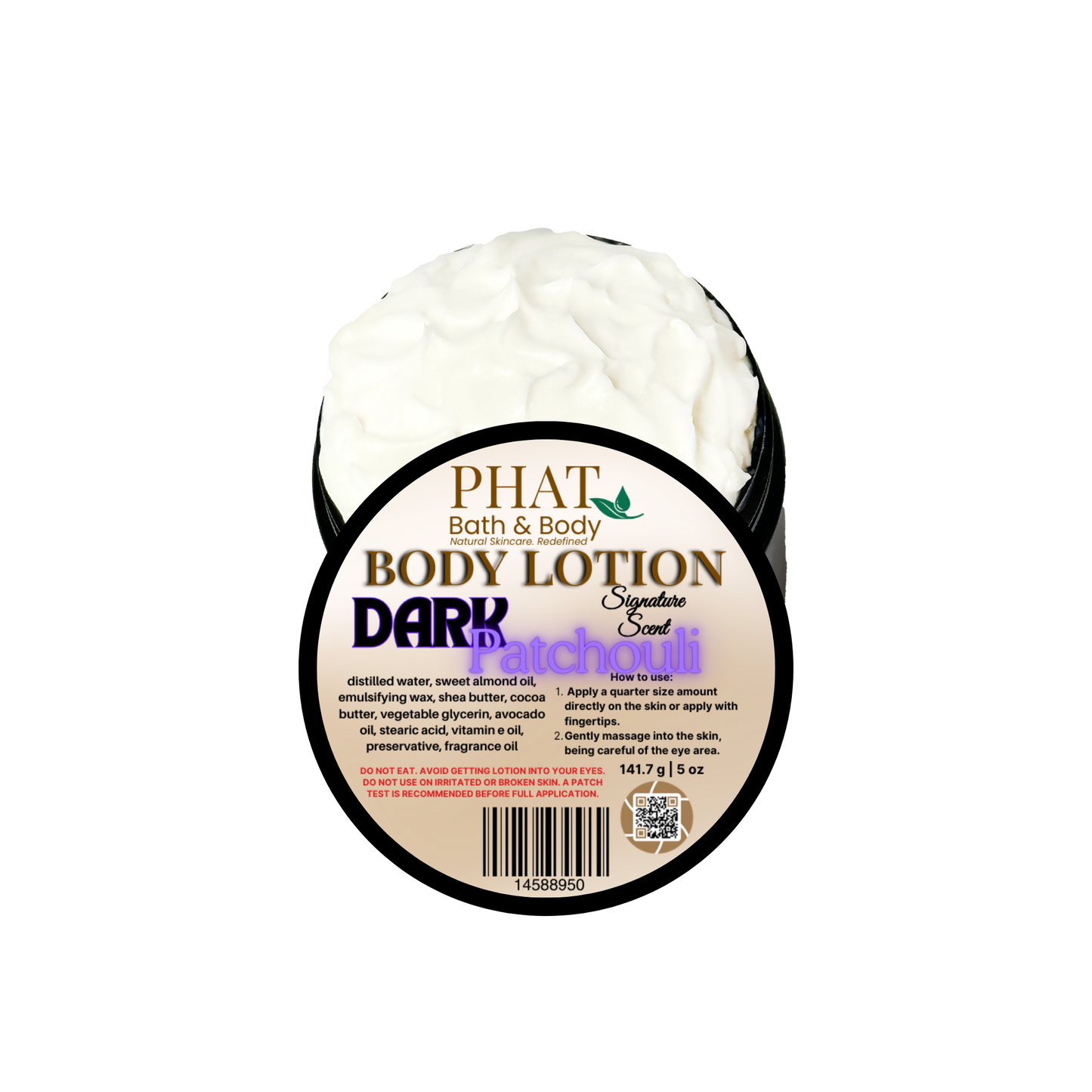 Body lotion container with 'Phat Bath & Body' branding on a white background