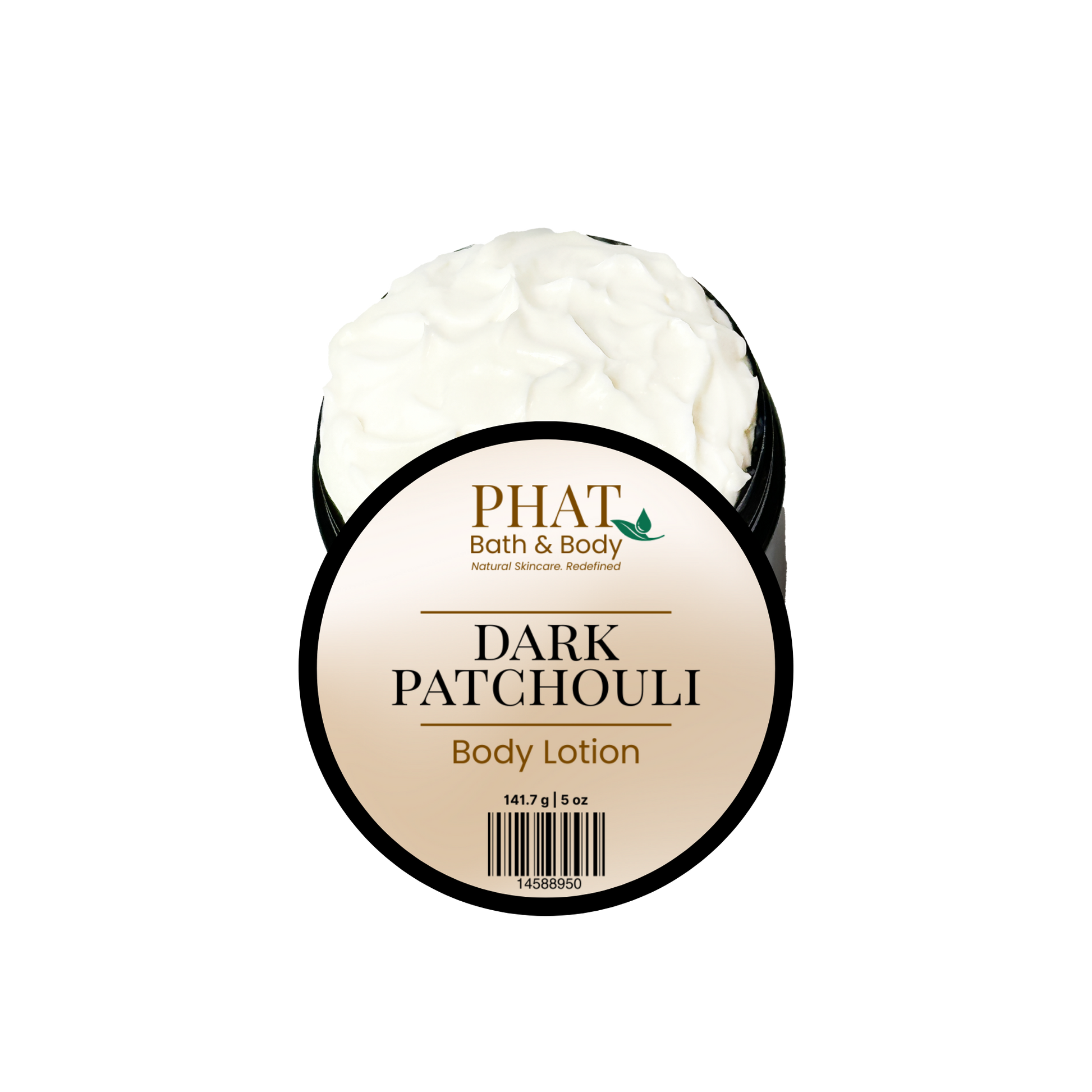 Body lotion container labeled 'Dark Patchouli' by Phat Bath & Body on a white background