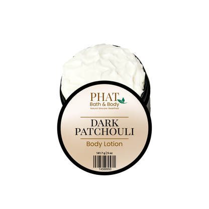 Body lotion container labeled 'Dark Patchouli' by Phat Bath & Body on a white background