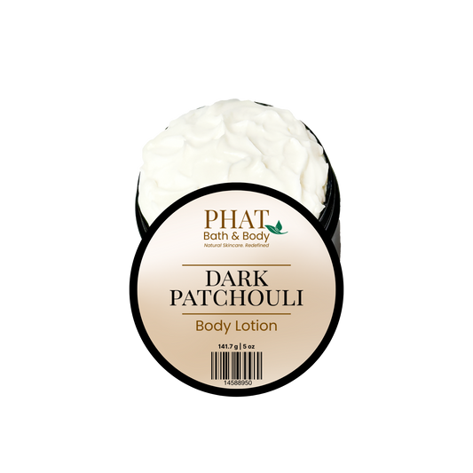 Body lotion container labeled 'Dark Patchouli' by Phat Bath & Body on a white background
