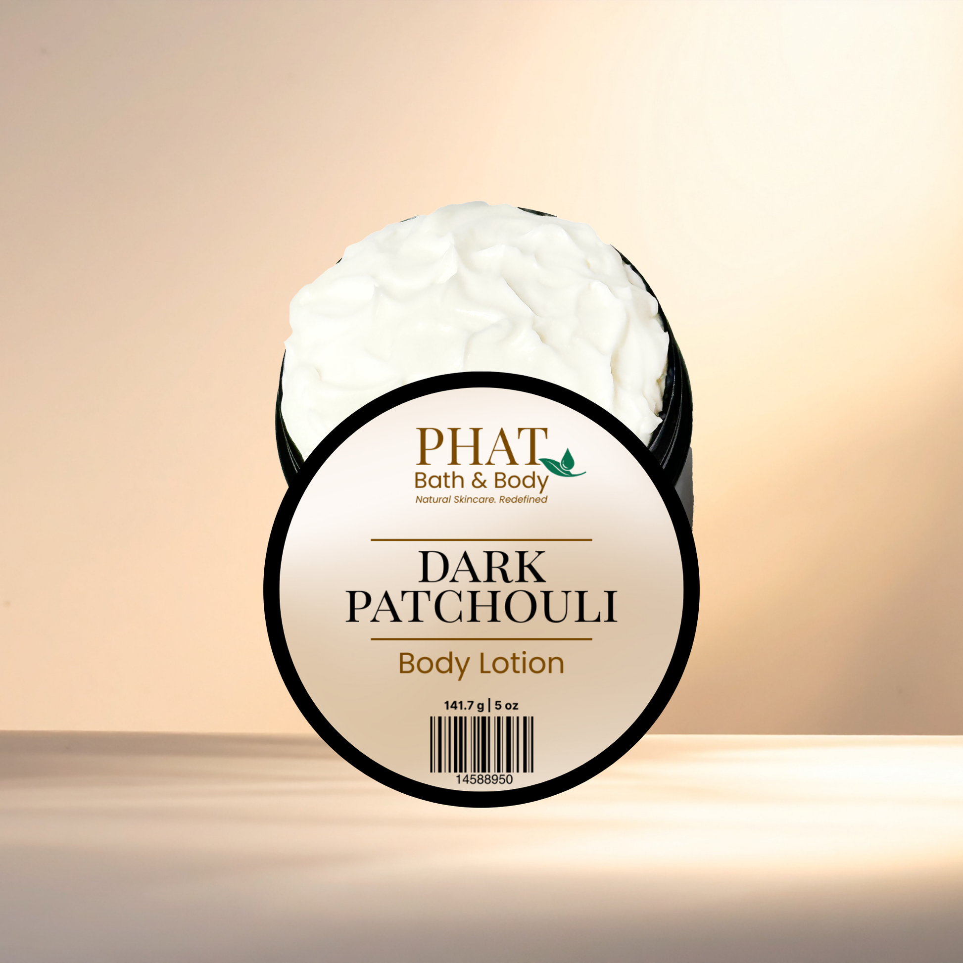 Body lotion jar labeled 'Dark Patchouli' by Phat Bath & Body on a gradient background