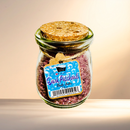 Jar of 'Dark Patchouli' bath salts with a label on a gradient background