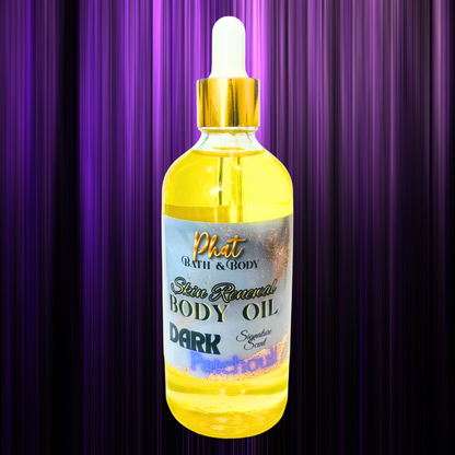 Bottle of Phat Bath & Body Skin Renewal Body Oil on a purple curtain background