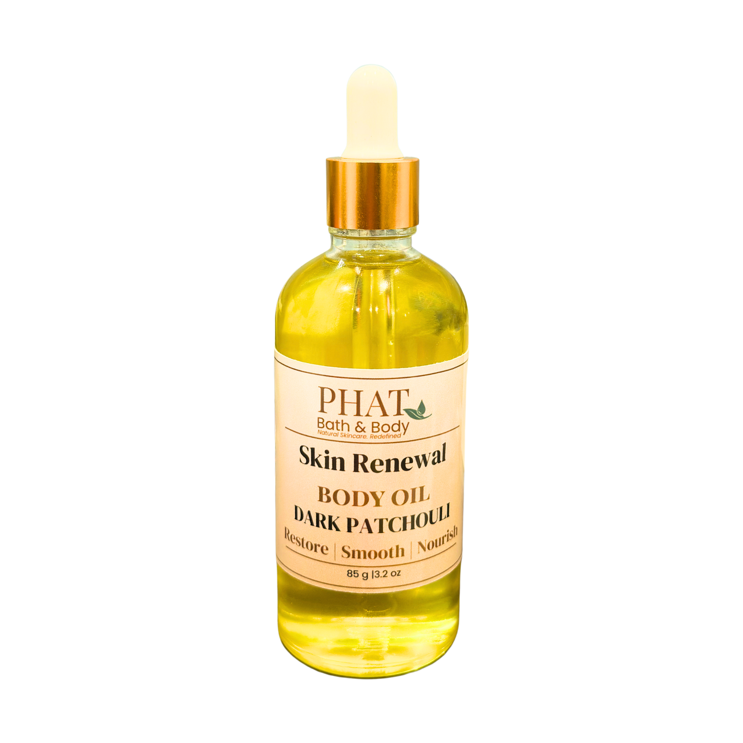 Bottle of Phat Bath & Body Skin Renewal Dark Patchouli body oil on a white background