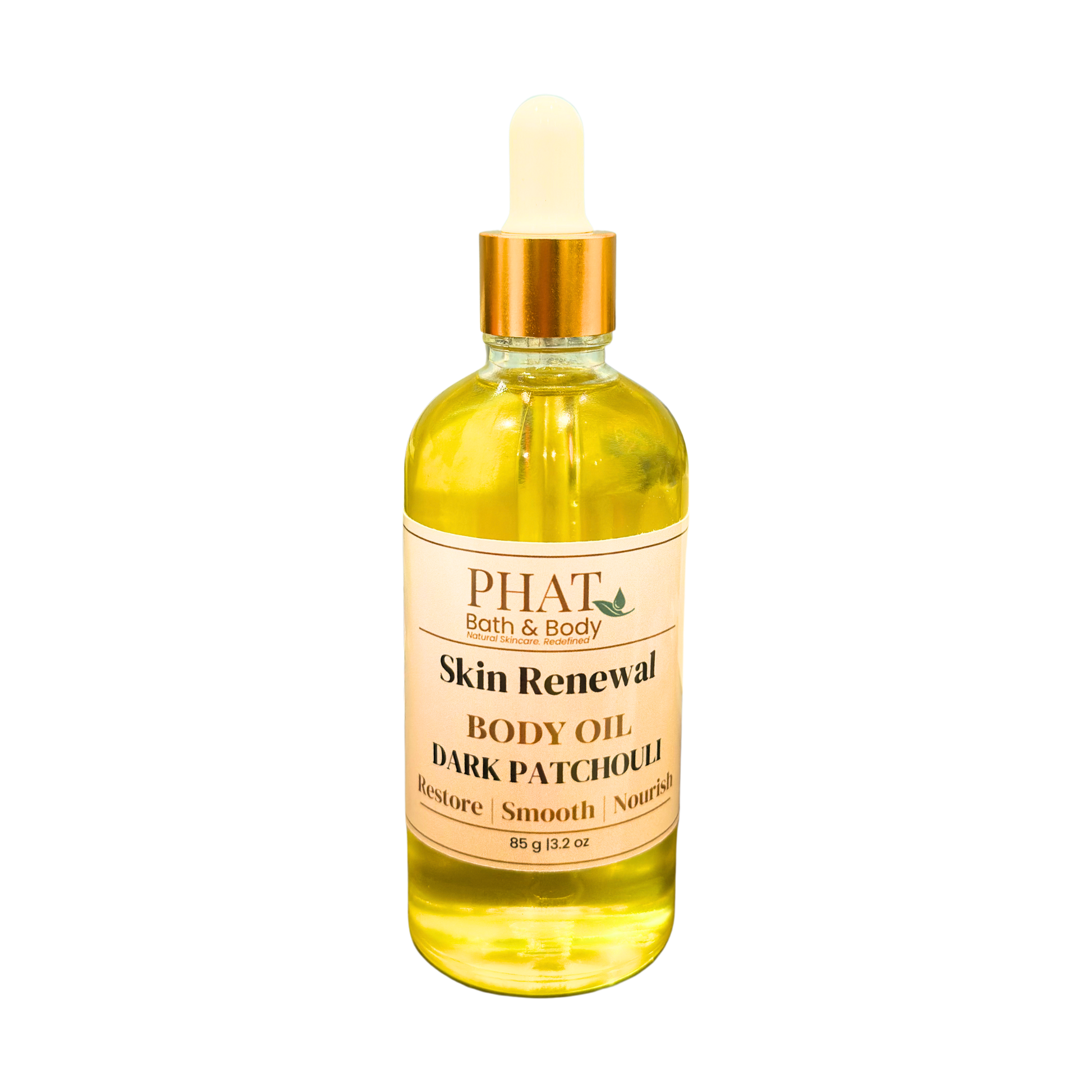 Bottle of Phat Bath & Body Skin Renewal Dark Patchouli body oil on a white background