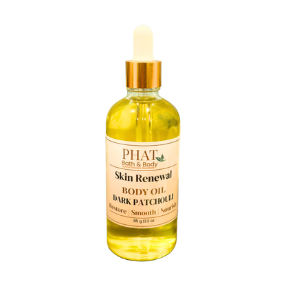 Bottle of Phat Bath & Body Skin Renewal Dark Patchouli body oil on a white background