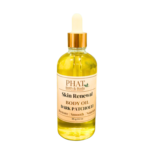Bottle of Phat Bath & Body Skin Renewal Dark Patchouli body oil on a white background