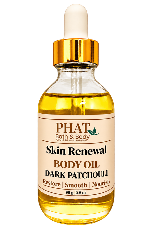 Phat Bath & Body Dark Patchouli Skin Renewal Body Oil, 3.5 oz golden body oil in a clear glass dropper bottle with a gold cap and cream label.