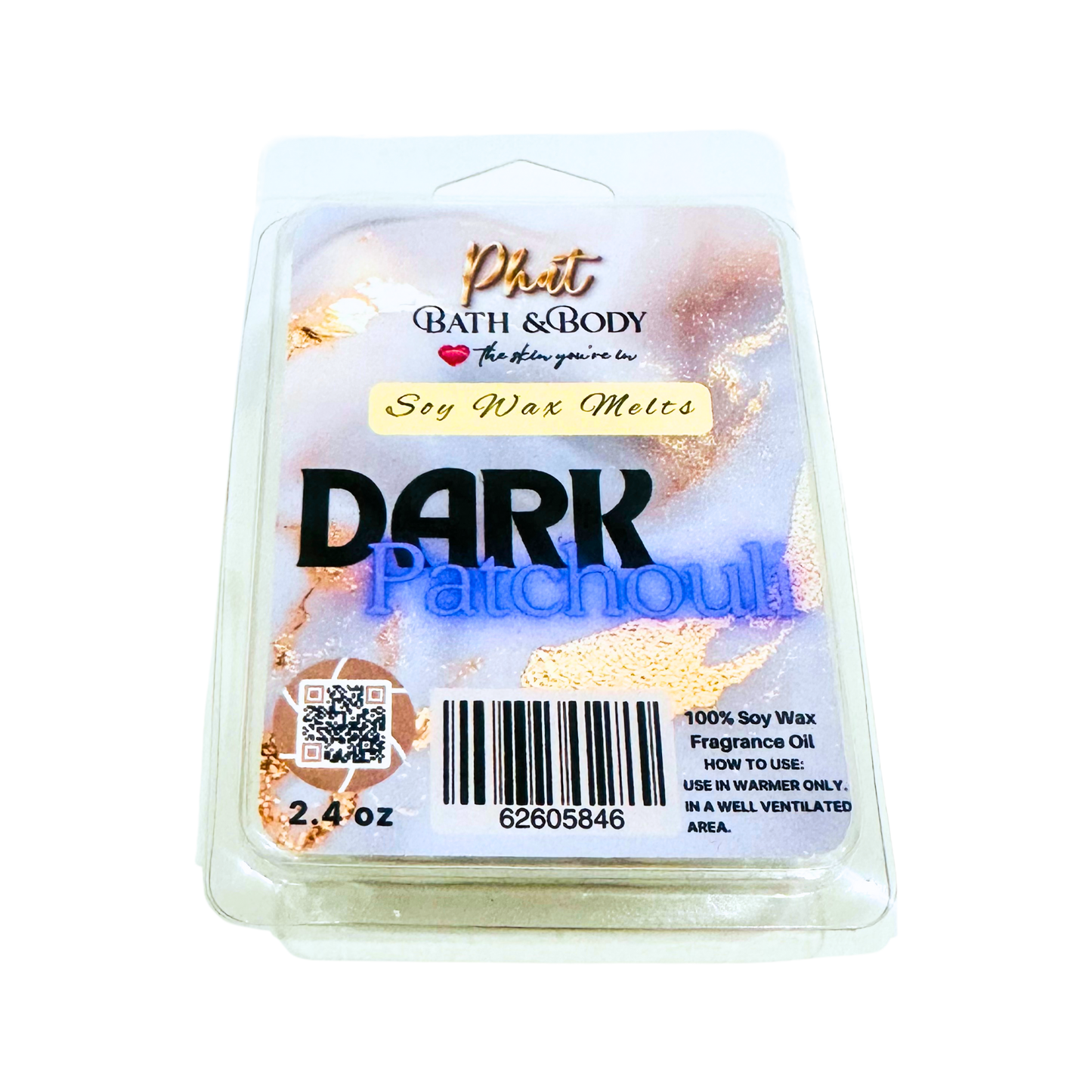 Phat Bath & Body Dark Patchouli soy wax melt packaging on a white background