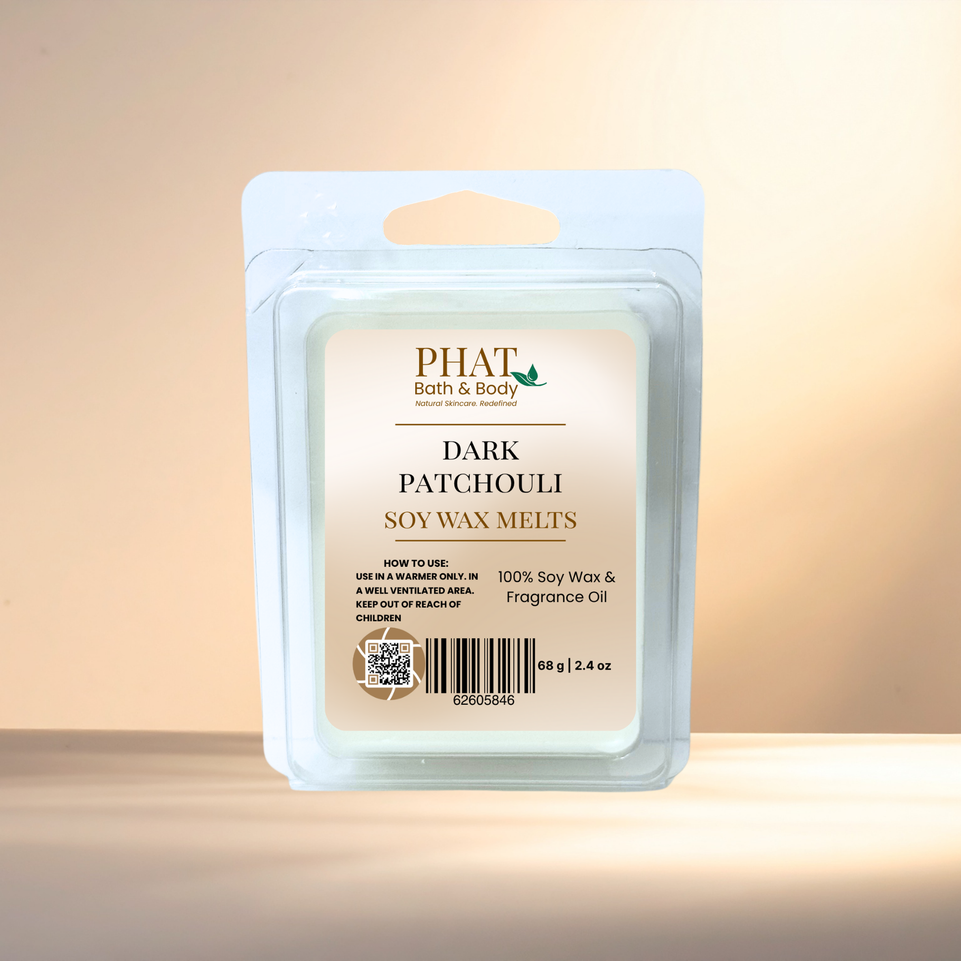 Pack of Phat Bath & Body Dark Patchouli soy wax melts on a gradient background