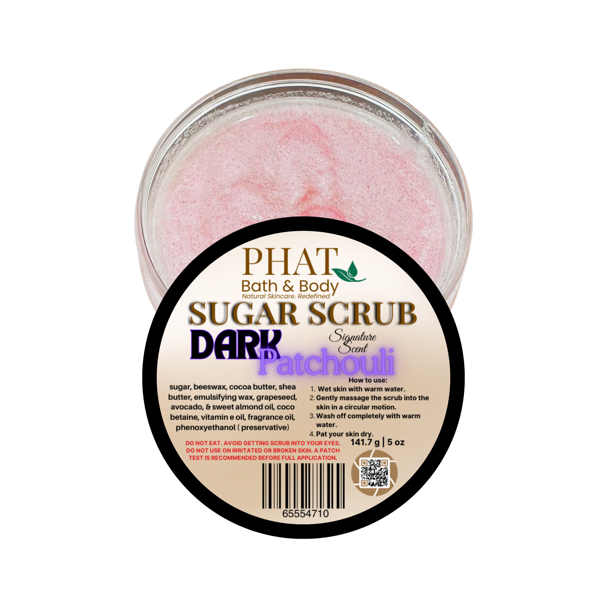 Jar of Phat Bath & Body sugar scrub with a dark patchouli scent on a white background