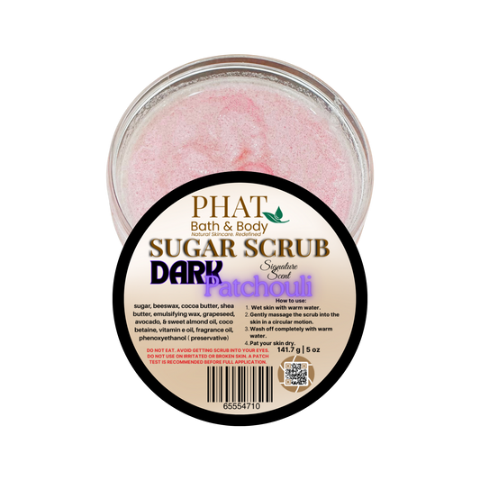 Jar of Phat Bath & Body sugar scrub with a dark patchouli scent on a white background