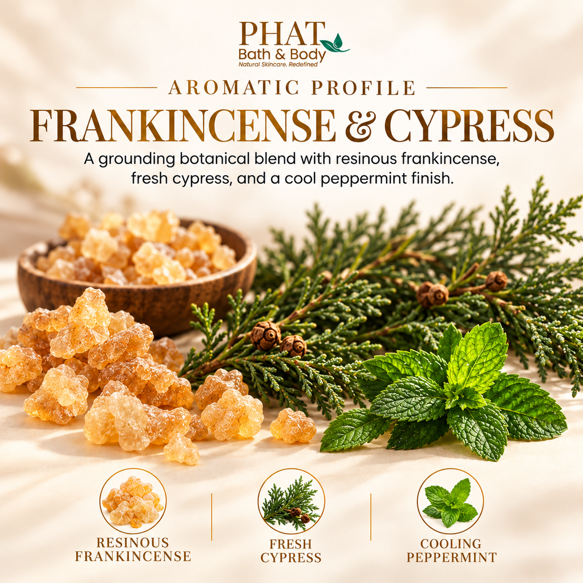 Frankincense and Cypress aromatic profile featuring golden frankincense resin, fresh green cypress branches, and peppermint leaves. An earthy, resinous botanical aroma with fresh woody notes and a cool peppermint finish.