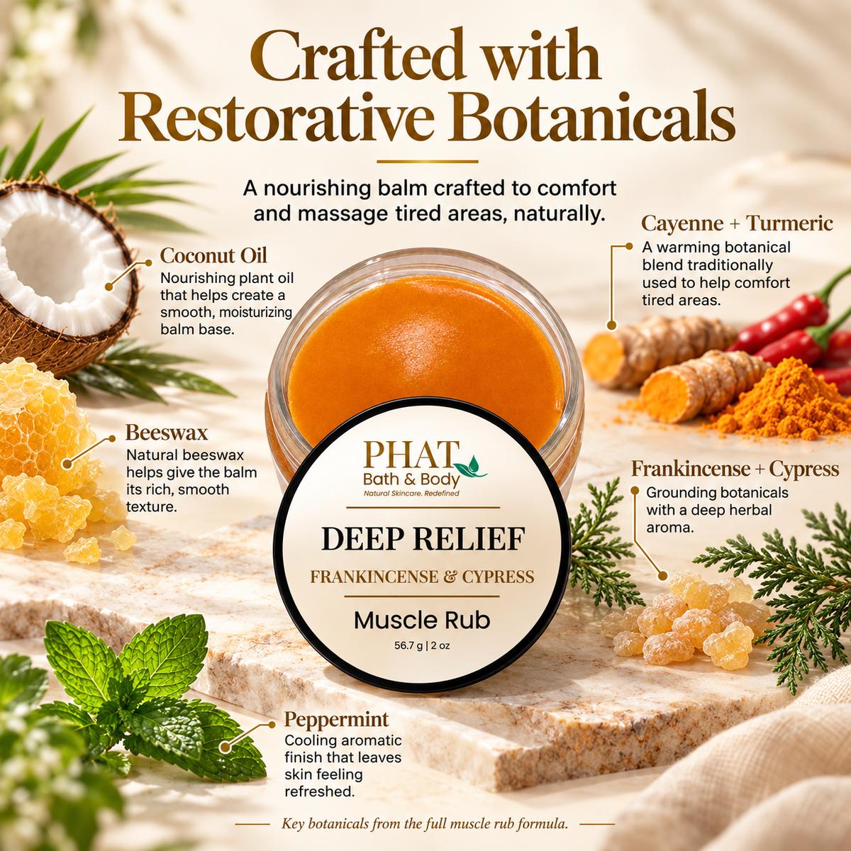 Deep Relief Muscle Rub ingredient infographic featuring coconut oil, beeswax, cayenne, turmeric, frankincense, cypress, and peppermint. Explains the moisturizing balm base, warming botanical ingredients, and refreshing peppermint finish.