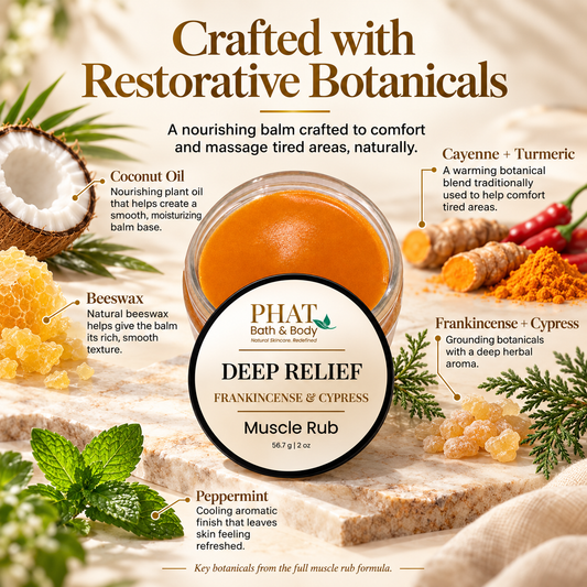 Deep Relief Muscle Rub ingredient infographic featuring coconut oil, beeswax, cayenne, turmeric, frankincense, cypress, and peppermint. Explains the moisturizing balm base, warming botanical ingredients, and refreshing peppermint finish.