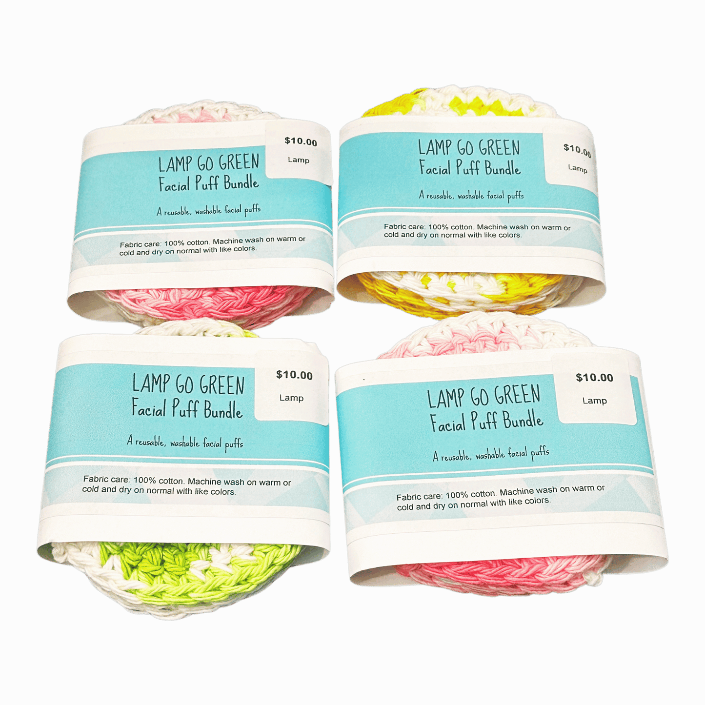 Four packages of Lamp Go Green Facial Puff Bundle on a dark background