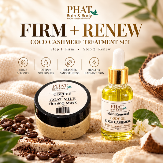Firm + Renew Coco Cashmere body care treatment set featuring Coffee + Goat Milk Firming Mask and Skin Renewal Oil in a botanical spa setting. Designed to help skin look smoother and refreshed while replenishing moisture for a soft, nourished finish.