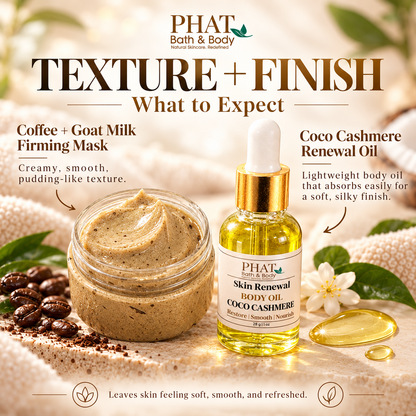 Texture comparison showing the creamy, pudding-like Coffee + Goat Milk Firming Mask with visible coffee specks alongside golden Coco Cashmere Skin Renewal Oil. Highlights the mask's smooth consistency and the lightweight oil's silky, moisturized skin finish.
