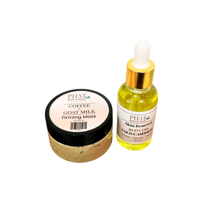 Skincare set featuring a round beige jar of Coffee & Goat Milk Firming Mask with a black lid, and a glass dropper bottle of Skin Renewal Body Oil in golden yellow liquid with a gold collar and white dropper cap.
