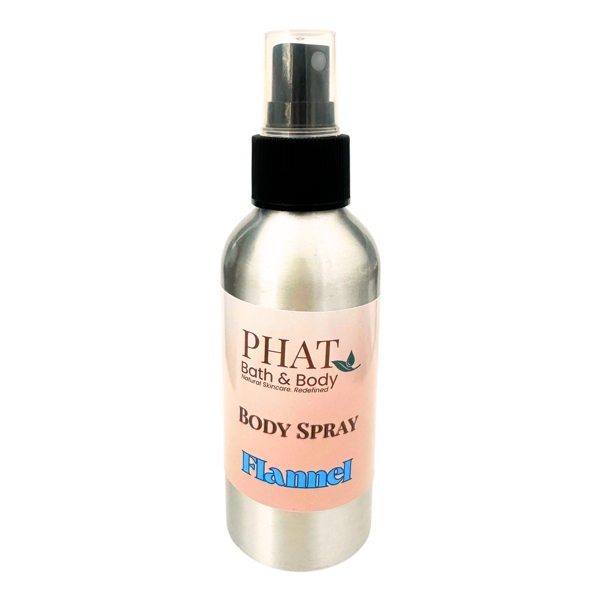Body spray bottle labeled 'PHAT Bath & Body' with 'Flannel' on a white background